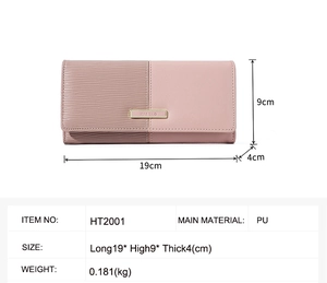 Detailed size chart for women long patchwork wallet showing dimensions 19cm by 9cm by 4cm