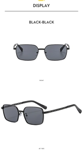 Front and side angles of black square vintage sunglasses with chain metal temples