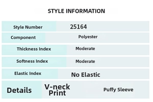Size chart and fabric details for V-neck floral puff sleeve A-line maxi dress