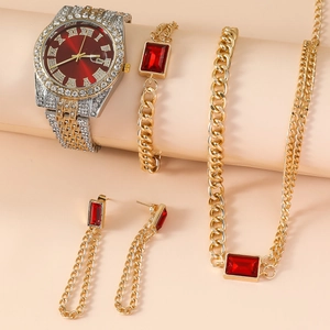 Golden women's watch set with red dial and jewelry pieces featuring sparkling rhinestones