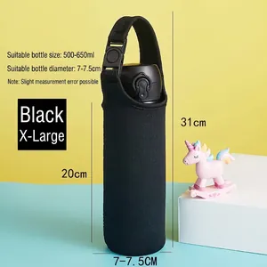 Black neoprene water bottle sleeve for 500-650ml cups with buckle and carrying strap