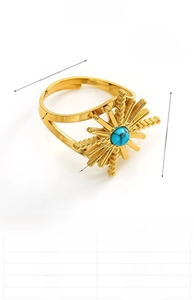 Detail view of adjustable 18k gold plated starburst ring with turquoise center stone