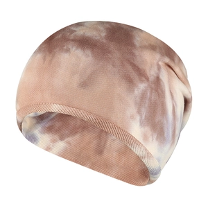 Brown tie-dye knitted beanie hat with marble pattern and soft elastic fabric for winter