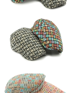 Close-up of colorful woven jacquard patterns on classic ivy caps in multiple styles