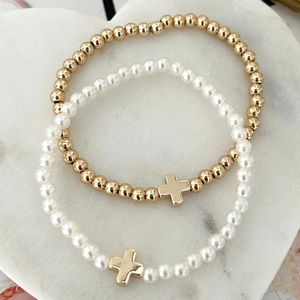 Cross pendant layered bracelet set with gold beads and white pearls for women