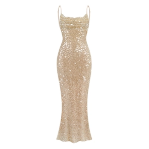 Detail of elegant backless champagne sequin evening dress with slim mermaid silhouette