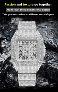 Detail of luxury square quartz watch with silver iced-out crystals and Roman numerals