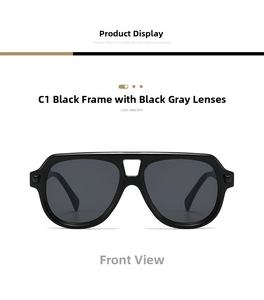 Front view of C1 pilot sunglasses featuring a double-bridge black frame and dark grey lenses