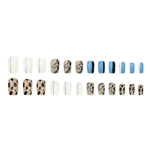 Short cow print press-on nails with blue and beige abstract designs for women