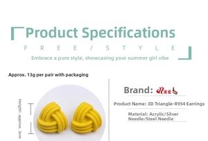 Detailed specs of 3cm bright yellow triangular acrylic earrings with woven texture