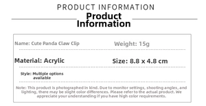 Detailed product specifications for panda hair claw including acrylic material and dimensions