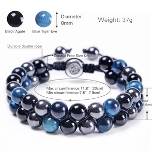 Double-layer blue tiger eye and black onyx beaded bracelet with adjustable cord