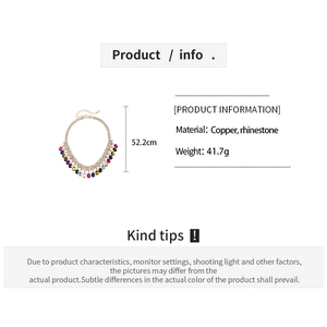 Detail of colorful rhinestone tassel necklace with copper base and dimension specs
