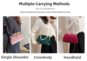 Detail view of velvet shell bags with diamond pattern, pearl handles and chain straps