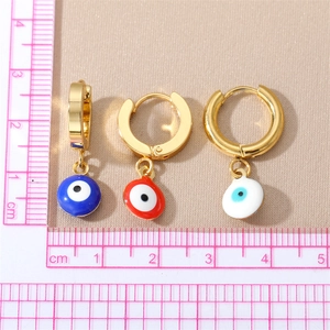 Stainless steel gold hoop earrings with evil eye charms in blue, red and white