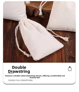Detail showing dual-drawstring closure on a natural beige cotton canvas storage bag