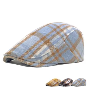 Winter plaid beret hat set for men featuring warm wool fabric in vintage British style
