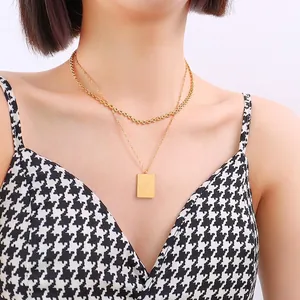 Double-layered 18k gold plated necklace with rectangular checkered pendant for women