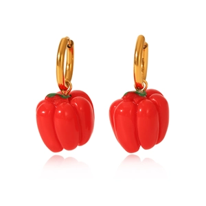 Detailed close-up of gold hoop earrings with 3D red pepper charms and green stems