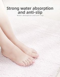 Close-up of soft chenille bath mat surface showing water absorbent ball-shaped fibers