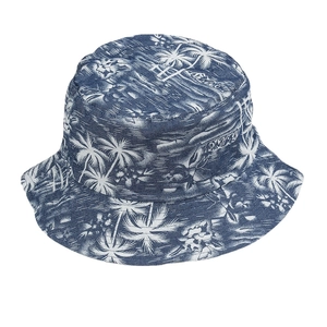 Double-sided denim style bucket hat with white palm tree and floral tropical prints