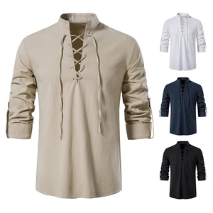 Heren katoen linnen Henley shirt met vetersluiting en lange mouwen in kaki en basiskleuren