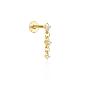 Close-up of gold s925 silver moon stud with three hanging clear zircon gemstones