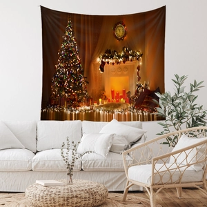 Detail view of a Christmas tapestry with a cozy fireplace and tree in a modern living room