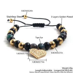 Adjustable tiger eye stone bracelet with heart pendant and gold plated stainless steel beads