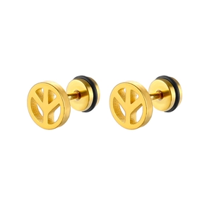 Macro view of gold-finished stainless steel peace sign stud earrings with black backings