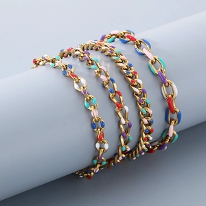 Women's 18K gold plated stainless steel Cuban chain bracelet with multi-color enamel inlay