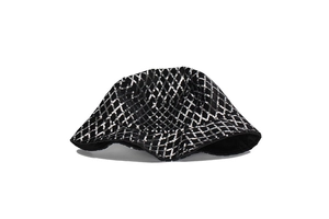 Detailed view of black bucket hat featuring shiny silver sequin diamond lattice pattern