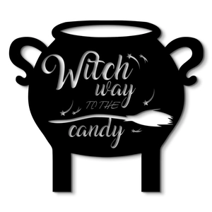 Decorazione da parete calderone di Halloween con testo intagliato Witch Way to the Candy