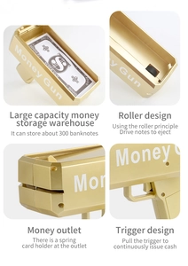 Detail of the golden money gun featuring a 300-bill capacity and motorized trigger mechanism