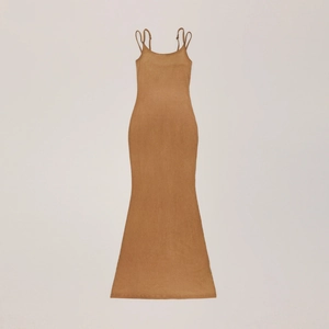 Close-up of slim adjustable straps and ribbed knit texture on the khaki bodycon maxi dress