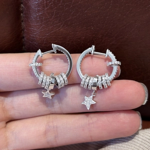 Silver zircon star tassel hoop earrings with minimalist fringe drops for women