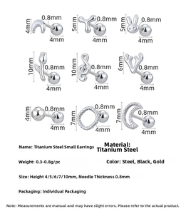 Detailed size chart of stainless steel stud earrings featuring moon and tulip designs