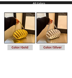 Detail of shell-shaped acrylic clutch bag with pearl handle in gold and silver finish