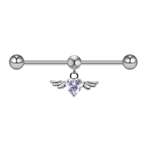 Silver industrial barbell featuring a purple heart gemstone and angel wings detail