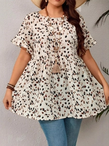 Women Plus Size Peplum Top Floral Print Ruffle Short Sleeve Round Neck Casual Summer Boho Blouse Polyester