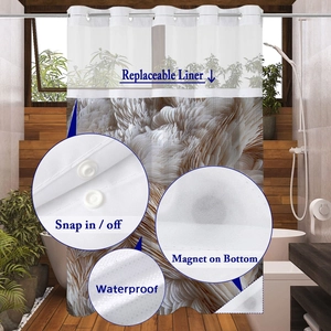 Detail of waterproof shower curtain with snap-in liner and magnetic bottom hem