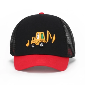 Kids black and red trucker hat featuring a detailed excavator embroidery on the front