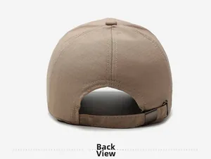 Detail view of khaki baseball cap back with fabric texture and adjustable metal buckle