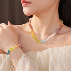 Rainbow natural stone necklace and bracelet set shown on model for seaside resort style