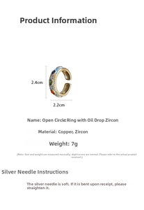 Detail view of colorful enamel and zircon open ring with specific size measurements
