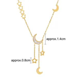 Gold star and moon tassel necklace with white mother of pearl inlay and size details