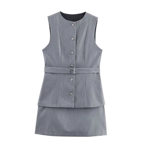 Business Elegant Grey Sleeveless Round Neck Vest And Ruffled Mini Skirt Outfit Crepe Slim Fit For Women