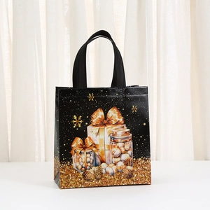 Black non-woven gift bag featuring golden Christmas gift box and snowflake prints