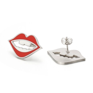 Minimalist red and white lip-shaped stainless steel stud earrings on white background