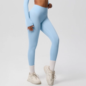 High-waisted sky blue yoga pants and long sleeve sports set with elastic fabric
